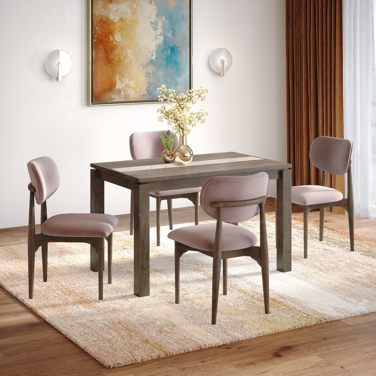 Atlas Crest Storage Solid Wood 4 Seater Dining Table With 4 Ollie Diing Chairs (Finish : Danish Walnut, Chair Colour : Lilac) - Urban Ladder