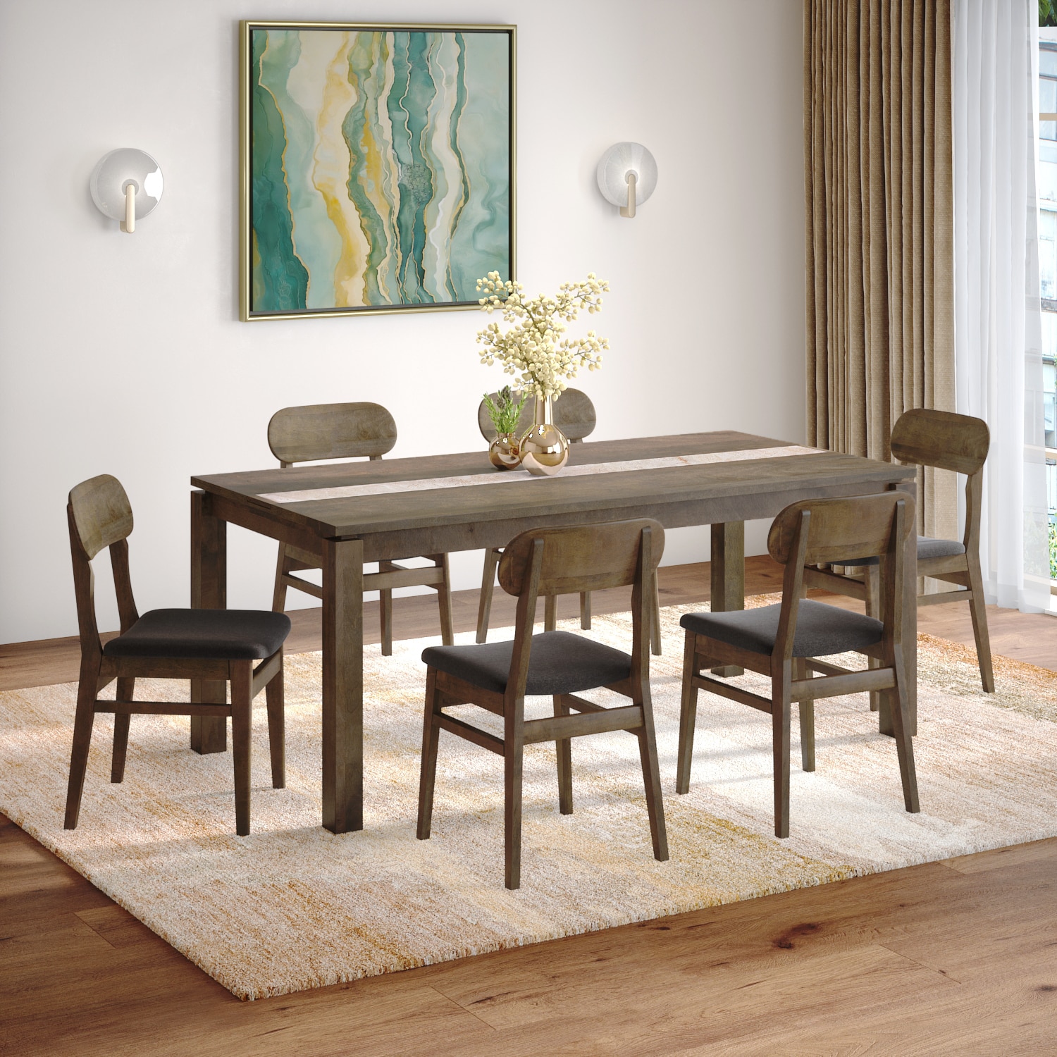 Atlas Crest Storage Solid Wood 6 Seater Dining Table With 6  Lunar Dining Chairs (Finish : Danish Walnut, Chair Colour : Urban Grey)