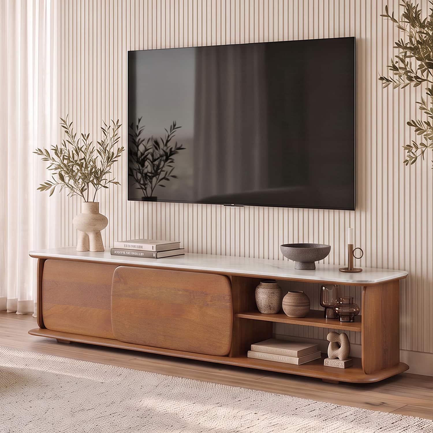 Nami Solid Wood And Banswara Marble TV Cabinet In White Oak Finish - Urban Ladder