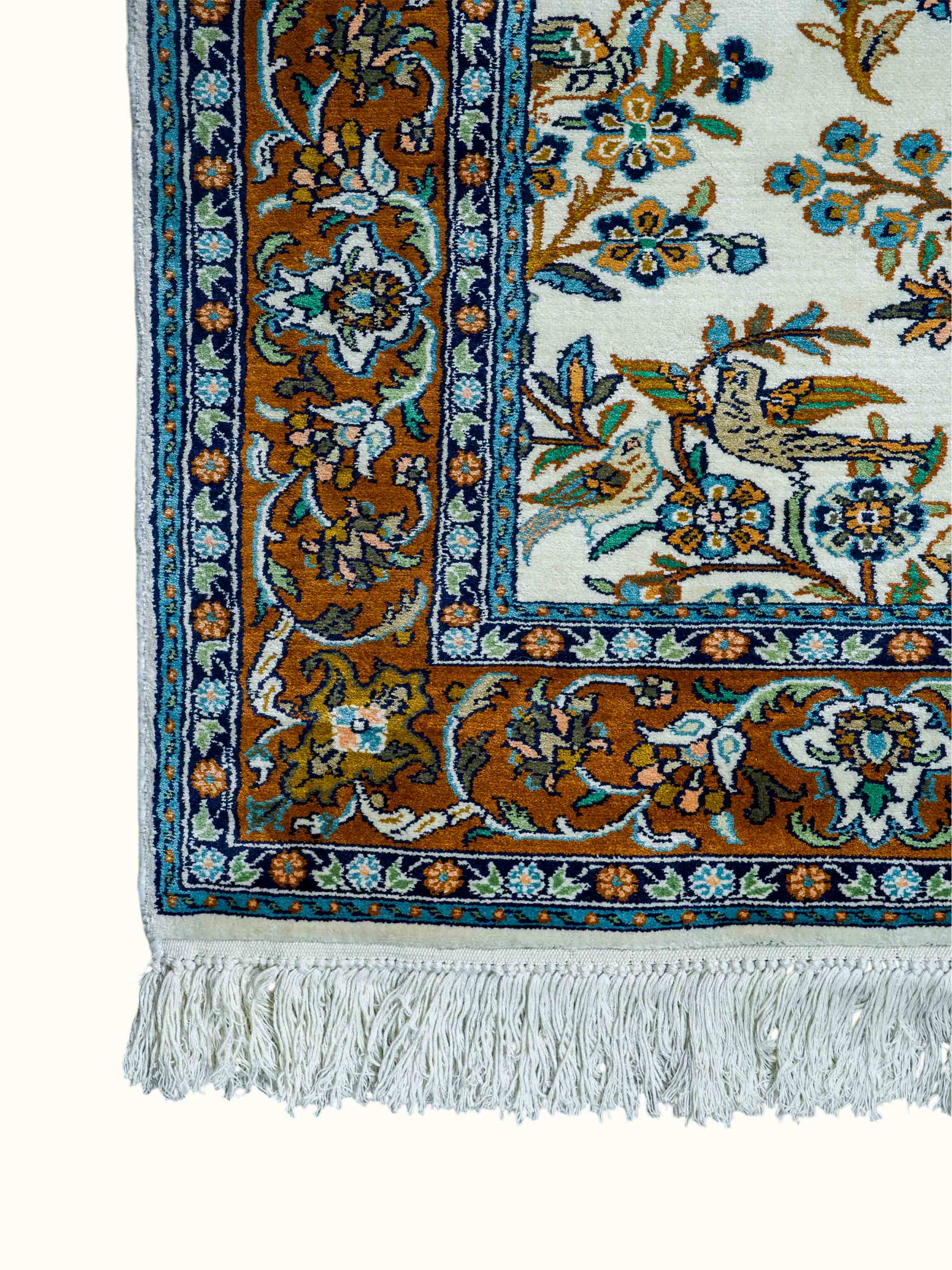 Traditional Persian Ivory Mahal Kashmir Silk Hand-Knotted Carpet