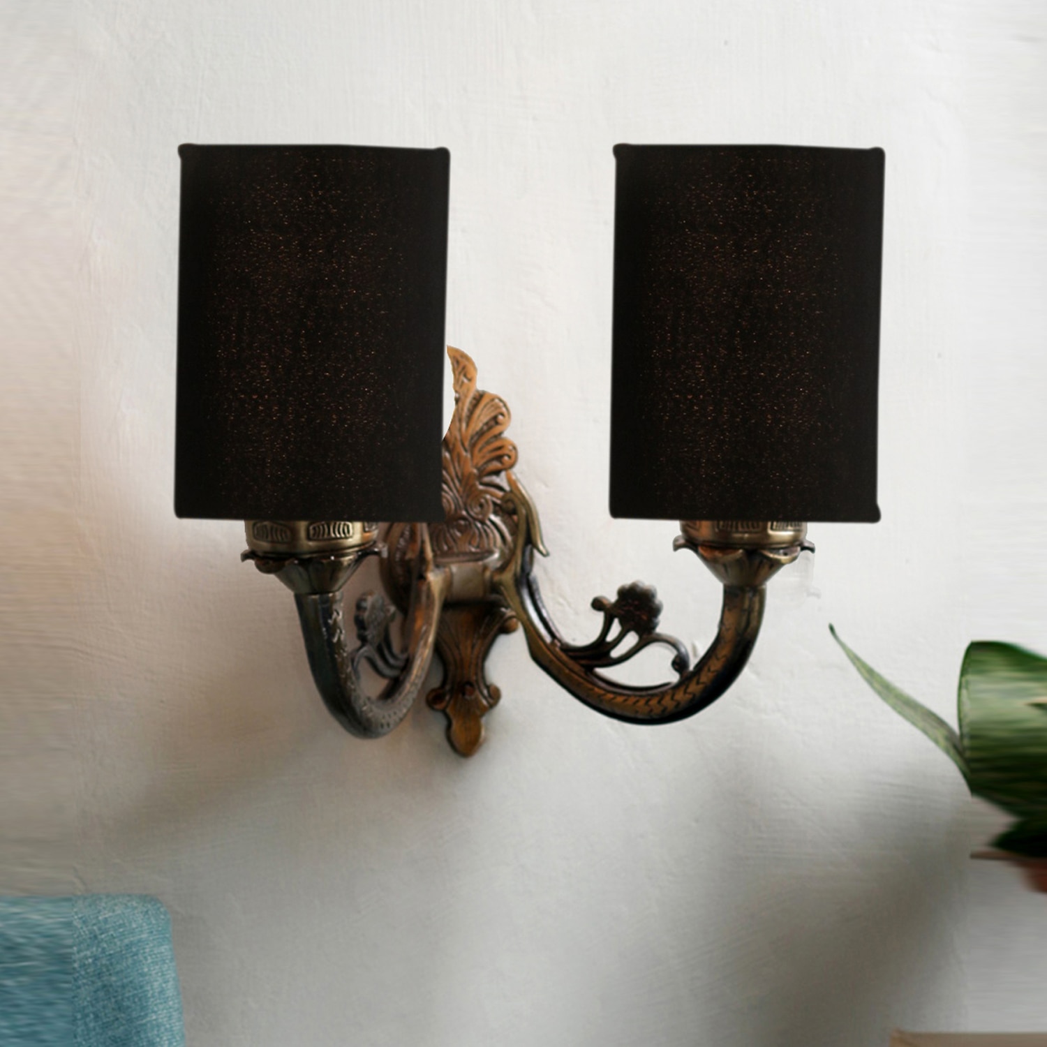 Devansh Metal Electric Wall Light in Antique Gold Colour with Black Shade Count of 2 Lights-picture-11