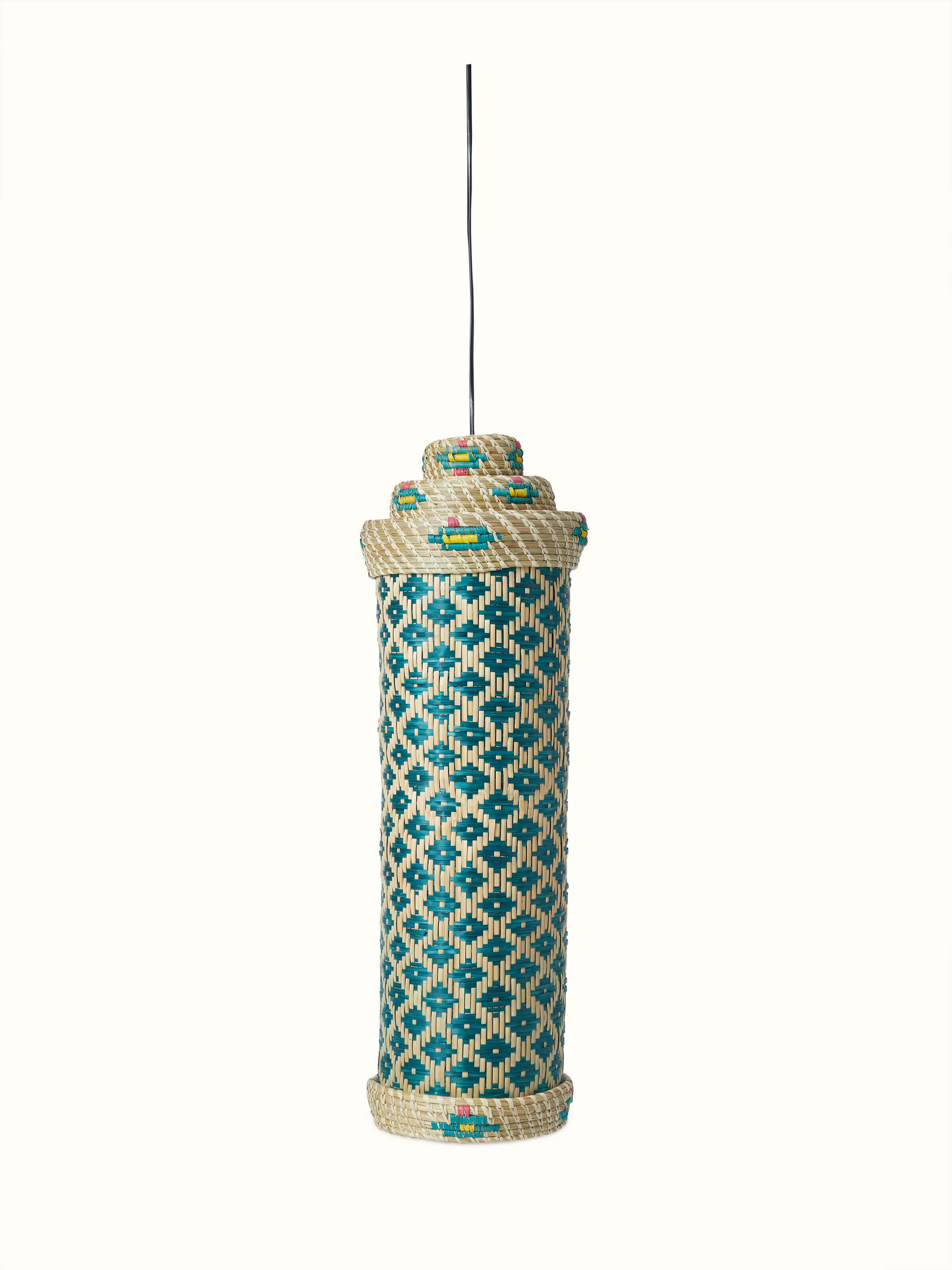 Front view of Kanshi basketry natural fibre pendant light in teal color highlighting its unique texture and artisanal design