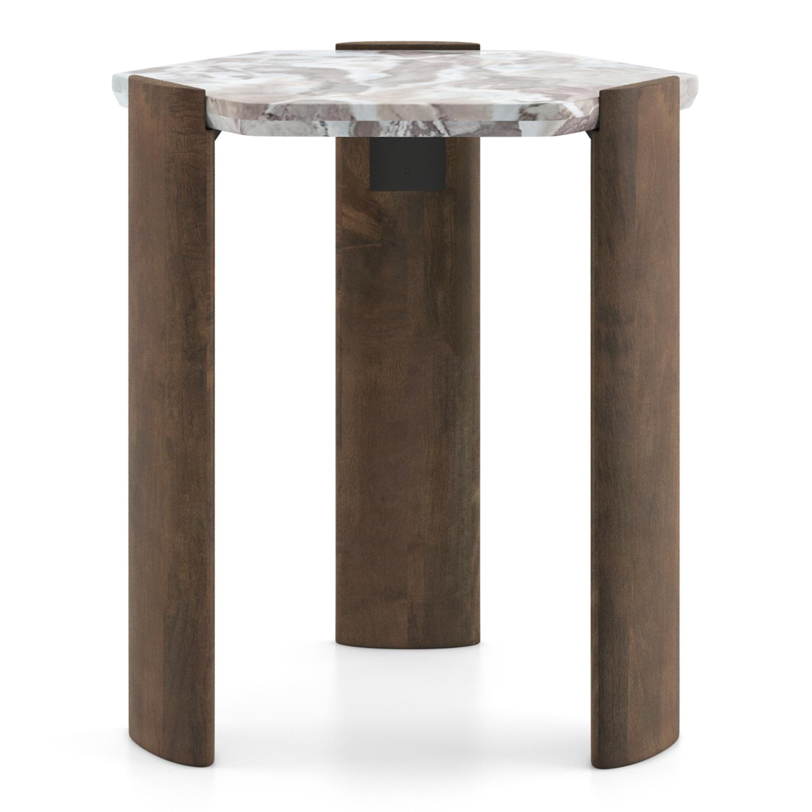 Kanso Hexagon Toronto Marble and Solid Wood Side Table in Danish Walnut Finish