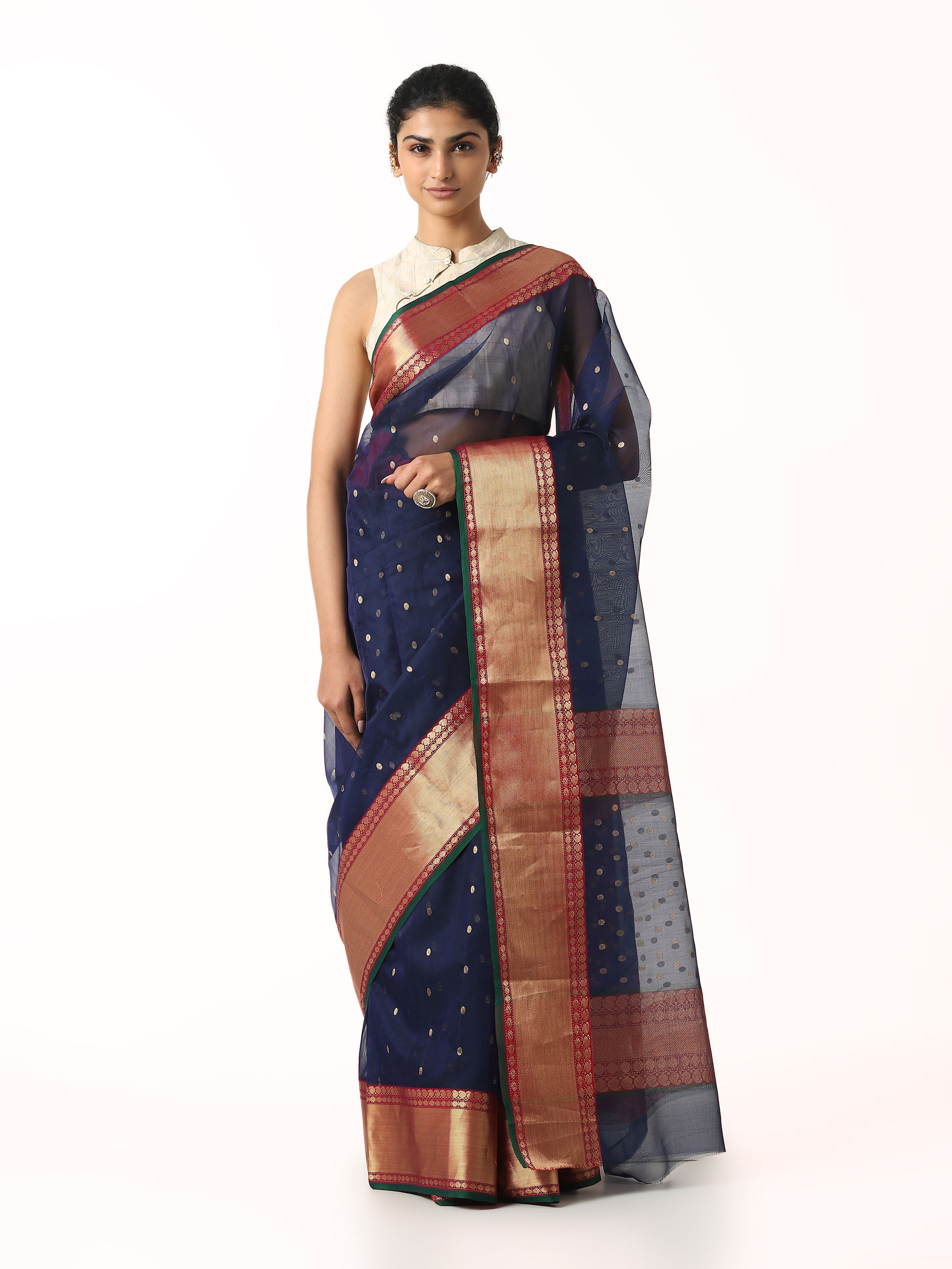 Front view of blue cotton silk Chanderi saree showing soft sheen and delicate weaving