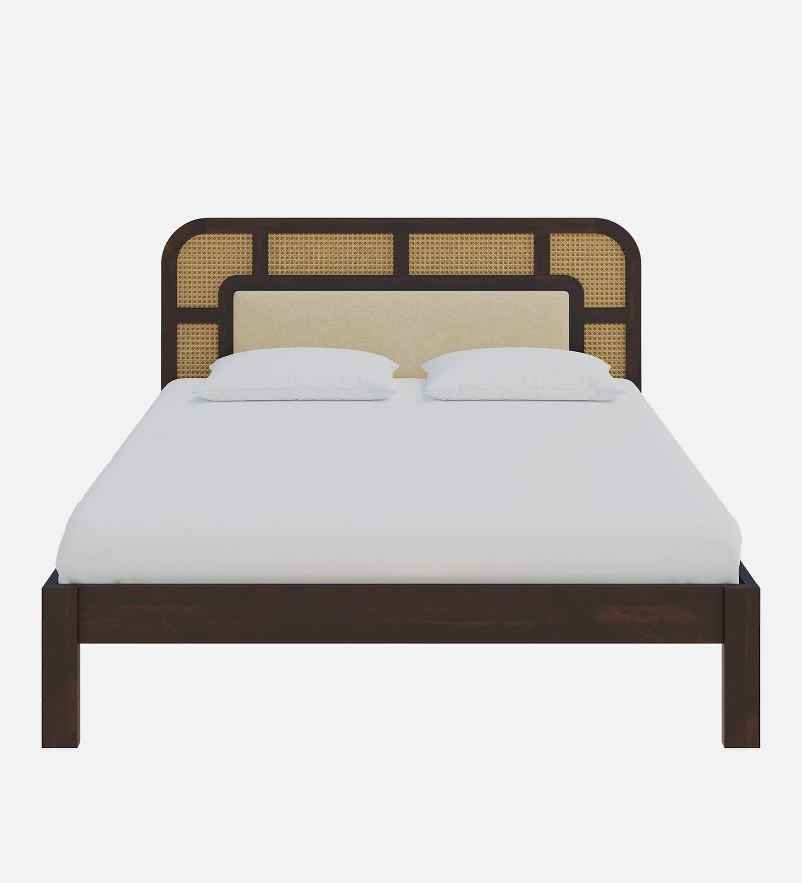 Rattan Solid Wood Queen Size  Bed Without Storage In Walnut Finish