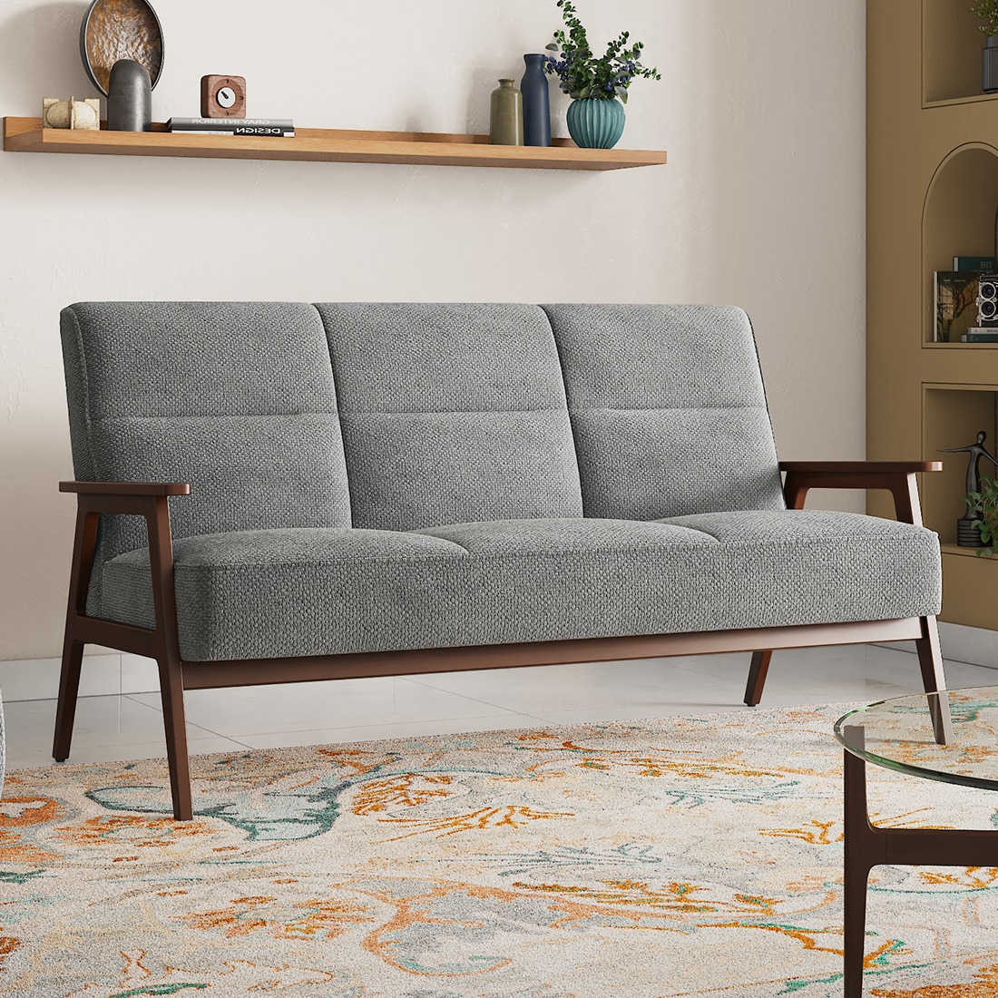 Logan 3 Seater Wooden Sofa in Grey Colour