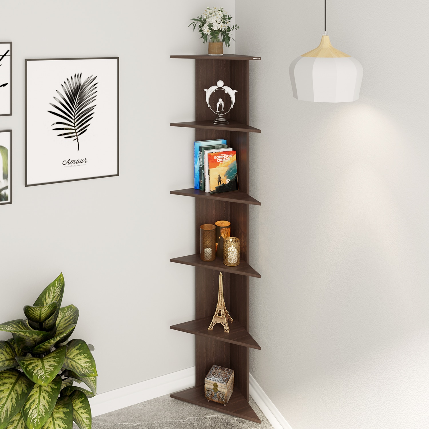 BLUEWUD Cadlic Engineered Wood Wall Decor Multi-Tier Corner Shelf Display Rack Decorative Hall D�cor for Living Room Home Furniture 6 Shelves (Wenge)