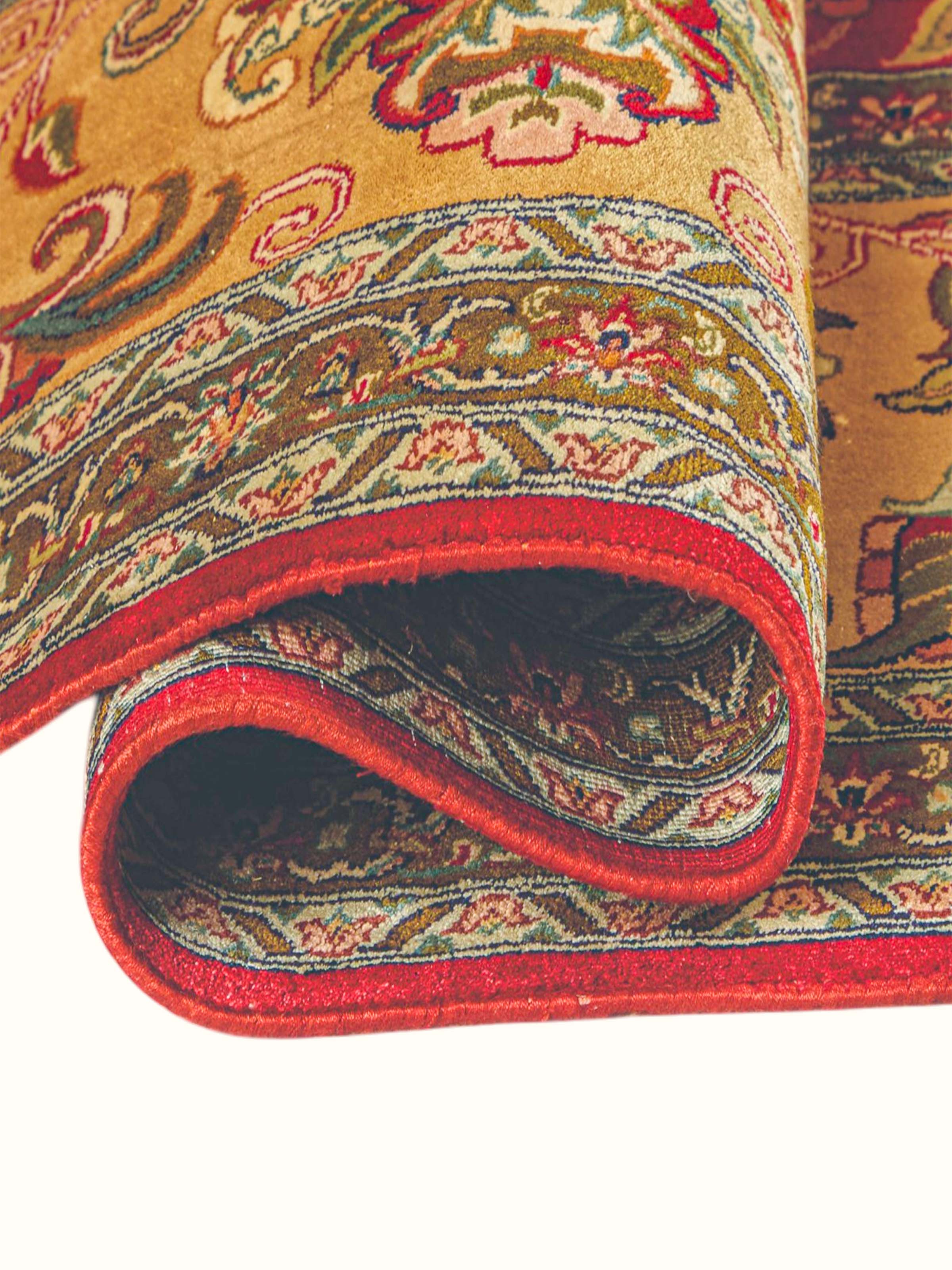 Traditional Persian Red Gold Kashan Kashmir Silk Hand-Knotted Carpet