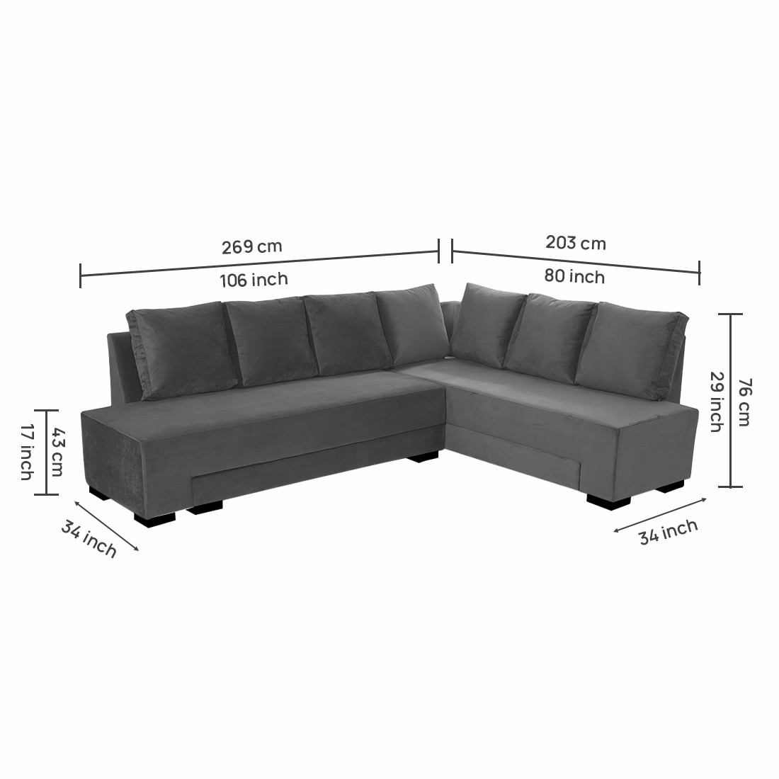 Melo 3 Seater Right Sectional Velvet Sofa Cum Bed in Dark Grey colour