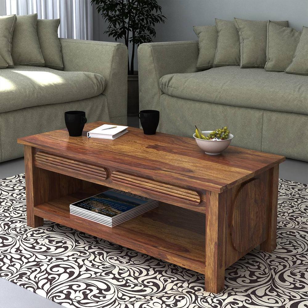Woodwhiz Rectangular Solid Wood Coffee Table In Teak Finish