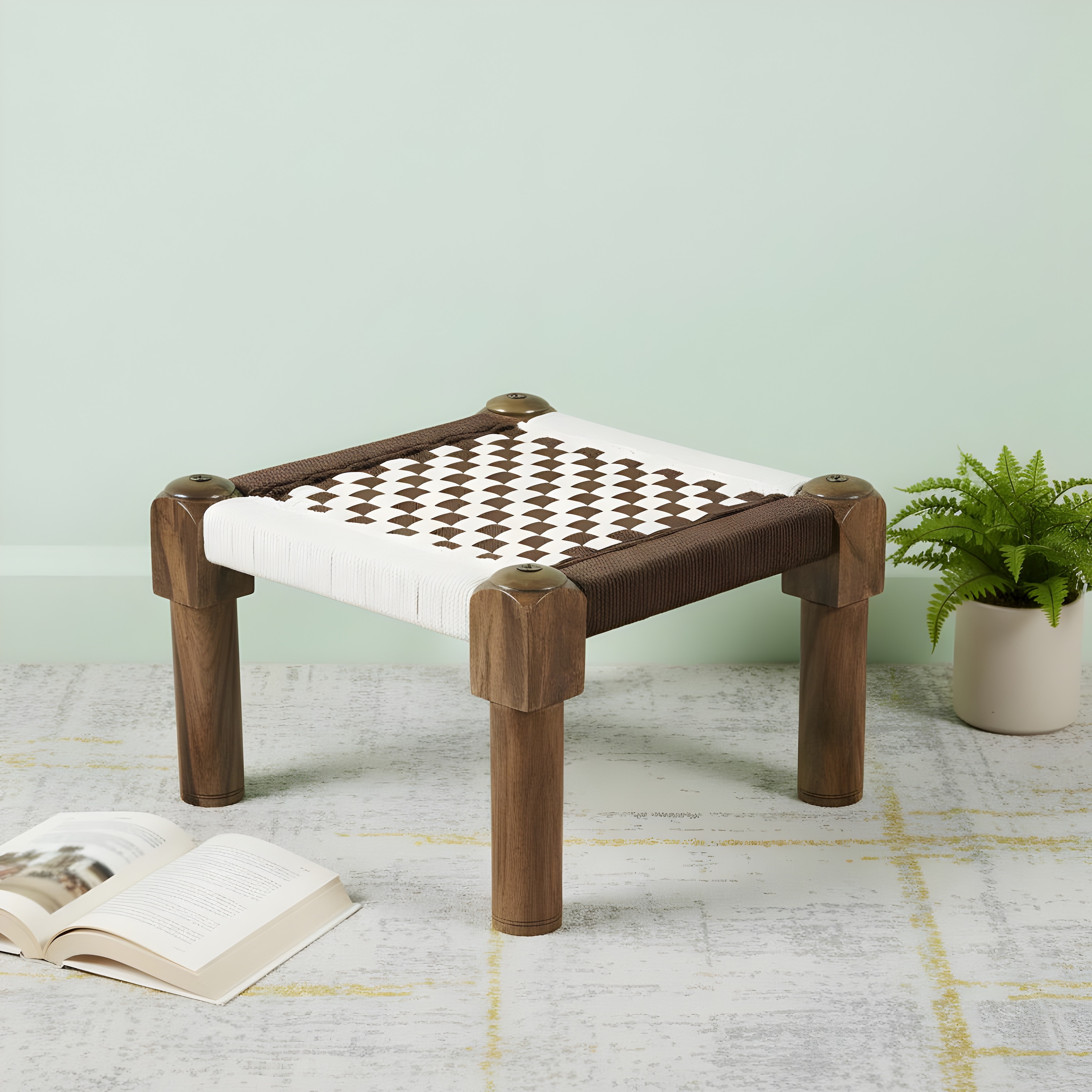 Riaza Solid Wood Maachi Foot Stool in Brown & White Check Canning
