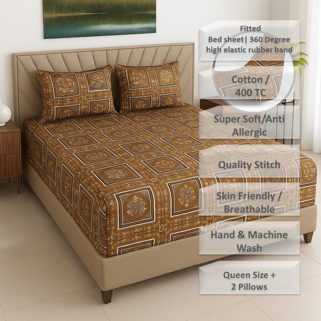 Brick Color Floral 400 TC Cotton Fitted Queen Bed Size Bedsheet With 2 Pilllow Covers  Threads