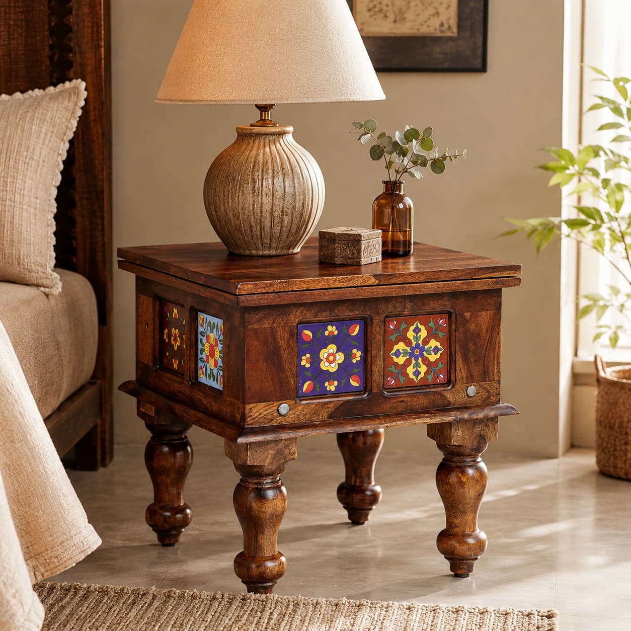 Rangrez Sheesham Wood Night Stand in Provincial Teak Finish - Woodenmood