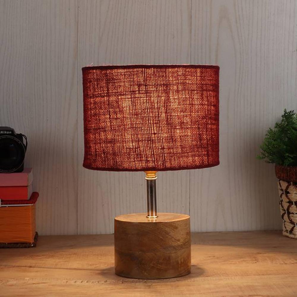 Wilfreda Maroon Natural Fiber Shade Table Lamp with Natural Wooden Base