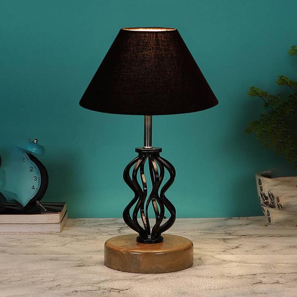 Logan Black cotton Table lamp with Wood & Iron Base - Devansh