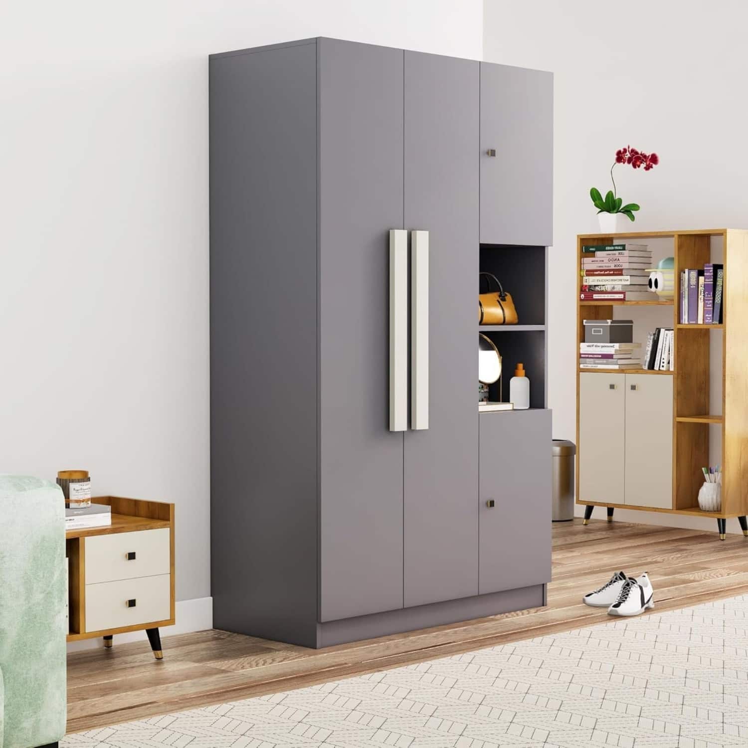 Hexa Red Wooden 4 Door Wardrobe with Hanging Space in Slate Grey Colour - HexaRed
