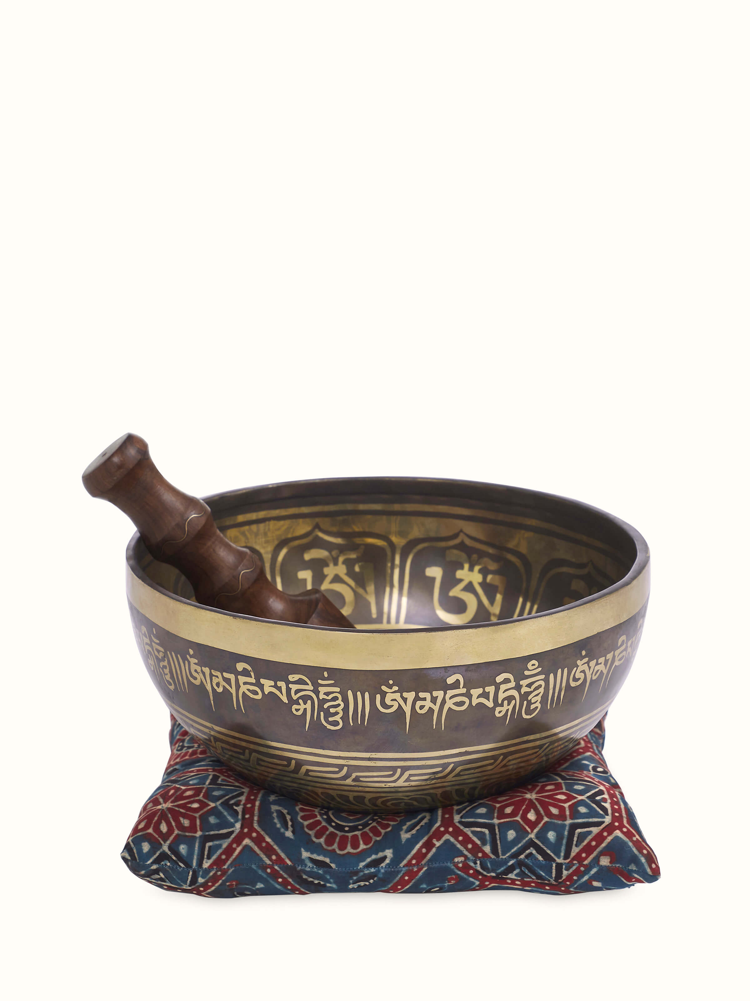Front view of Om Mandal Singing Bowl (10 Inches) featuring intricate mandala engraving on a metallic base