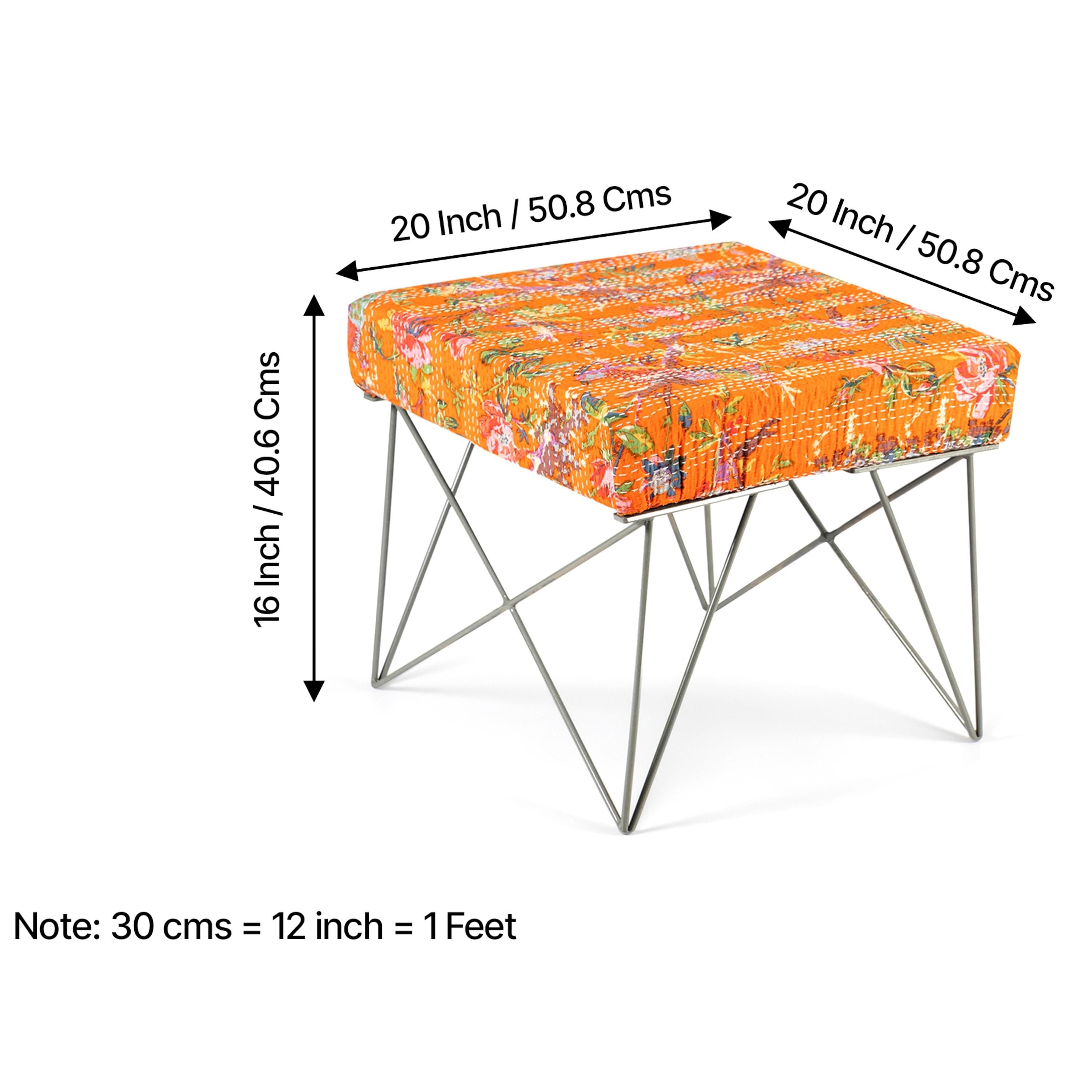 Asansol Sheesham Wood Mid Century Square Stool     in Bird Print Orange Kantha Upholstery