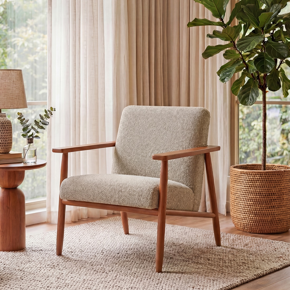 Arles Solid Wood Armchair In Natural Acacia Finish with Stone Boucle Colour