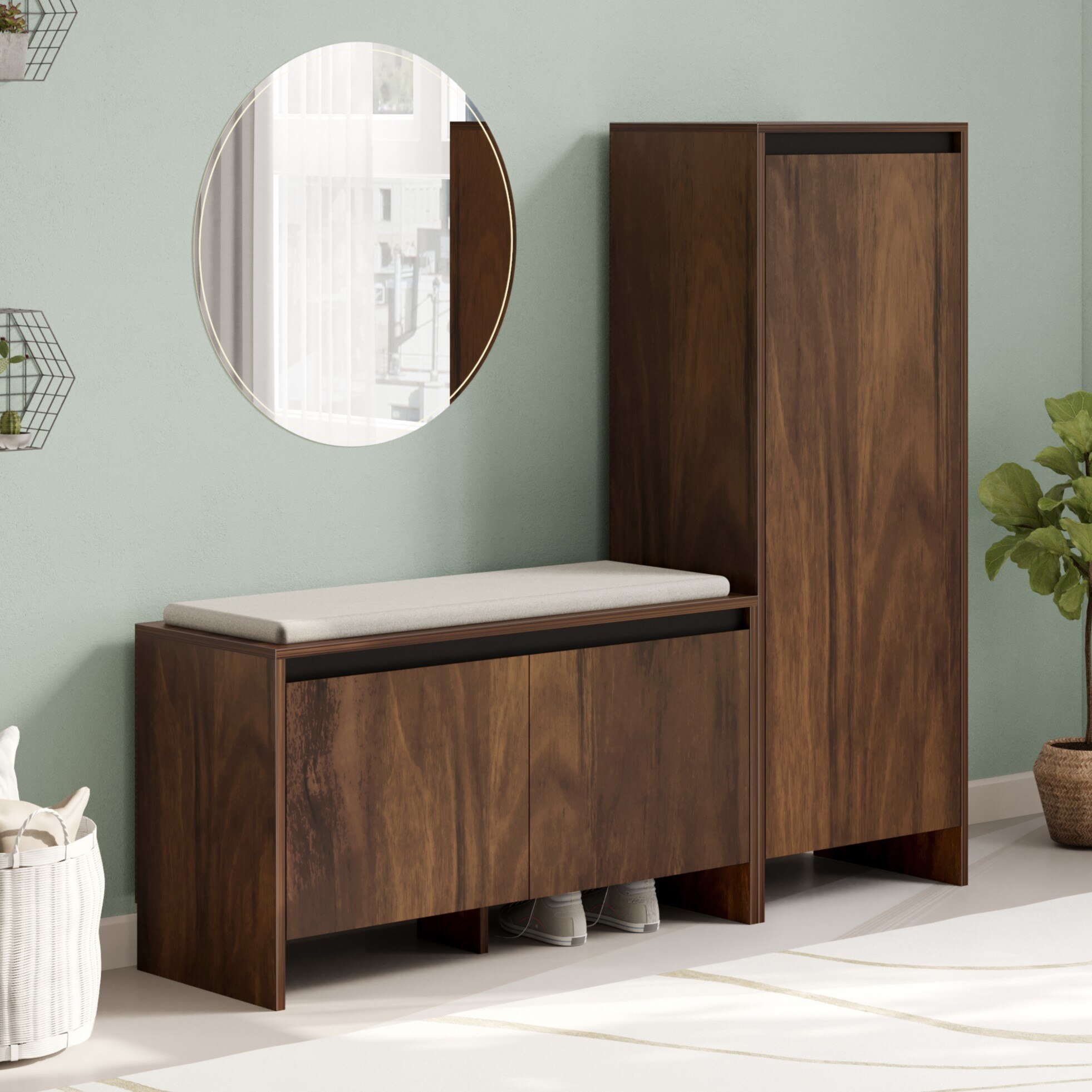 BLUEWUD Mavis Multipurpose Wooden Shoe Rack with Cushioned Seating & Tall Storage Cabinet Organiser, Slipper Footwear Stand for Living Room Home, 20 Pairs DIY (Brown Maple) (Mavis Multipurpose Combo)