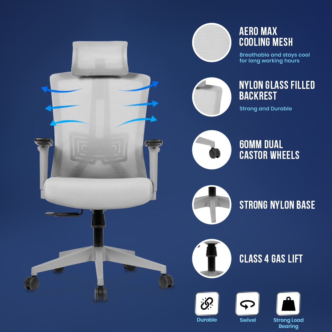 Regalia High Back Mesh Office Chair with Headrest in Grey Colour