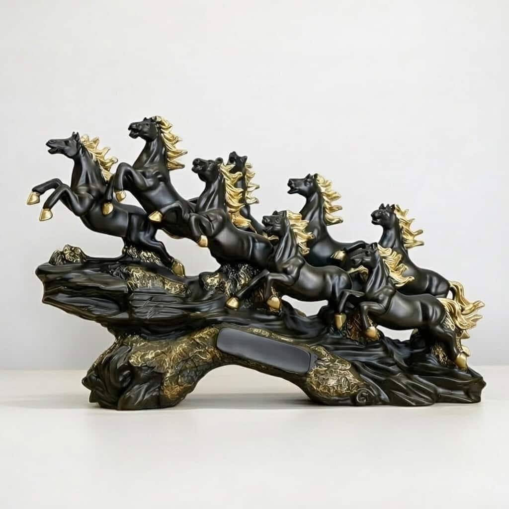 Seven Horse Royal Gallop Horse Sculpture in Matte Black Colour - Vedas