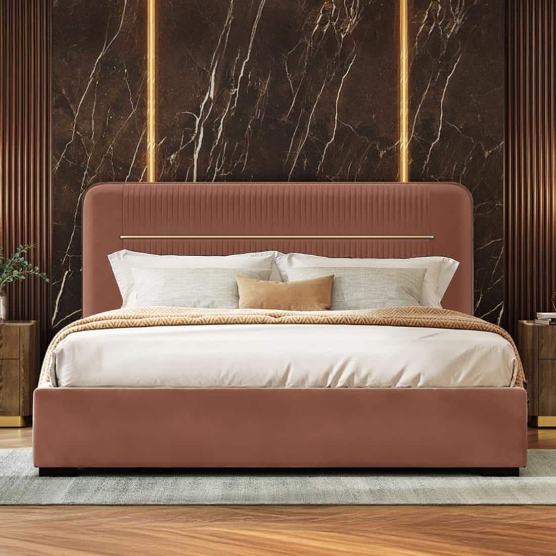 Milan Engineered Wood King Size Bed with Hydraulic Storage in Mocha Mouse Velvet Colour