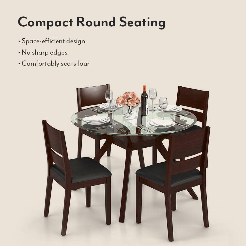 Wesley - Cabalo (Leatherette) 4 Seater Round Glass Top Dining Table Set (Colour- Black, Finish- Dark Walnut)