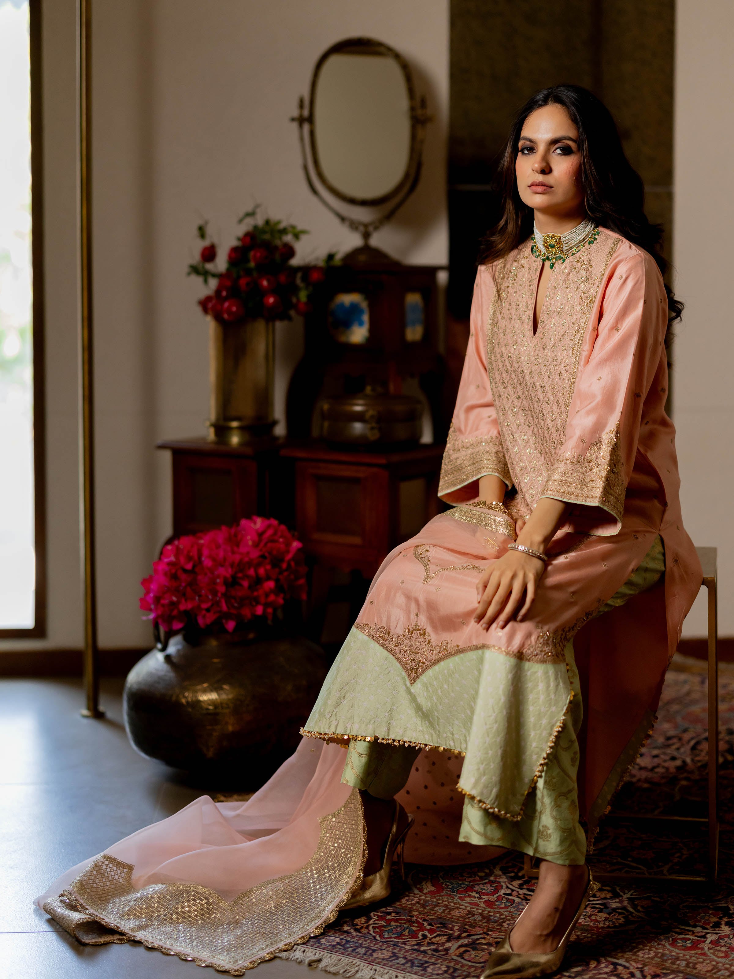 Draped detail view of the Off-white Silk Brocade Handloom Banarasi Saree