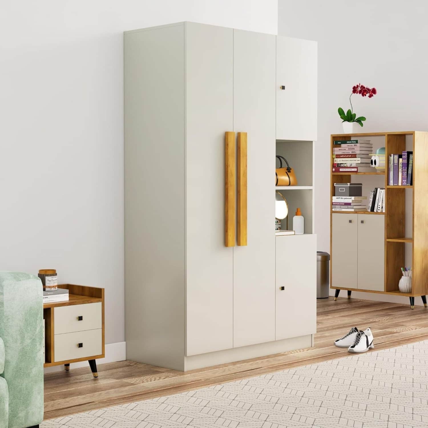 Hexa Red Wooden 4 Door Wardrobe with Hanging Space in Frosty White Colour - HexaRed