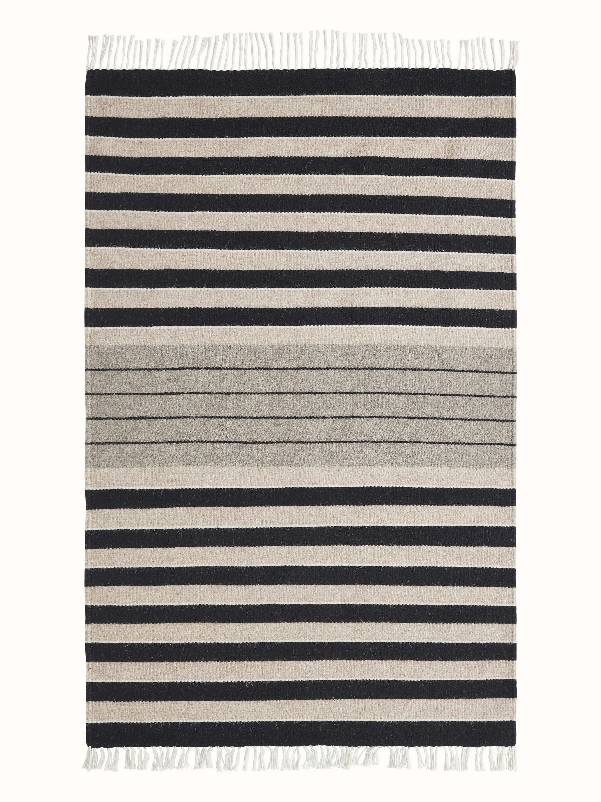 Front view of Nomad Stripes Black Beige Jawaja Wool & Cotton Handloom Dhurrie (3x5 ft) highlighting its classic stripe pattern and handloom quality