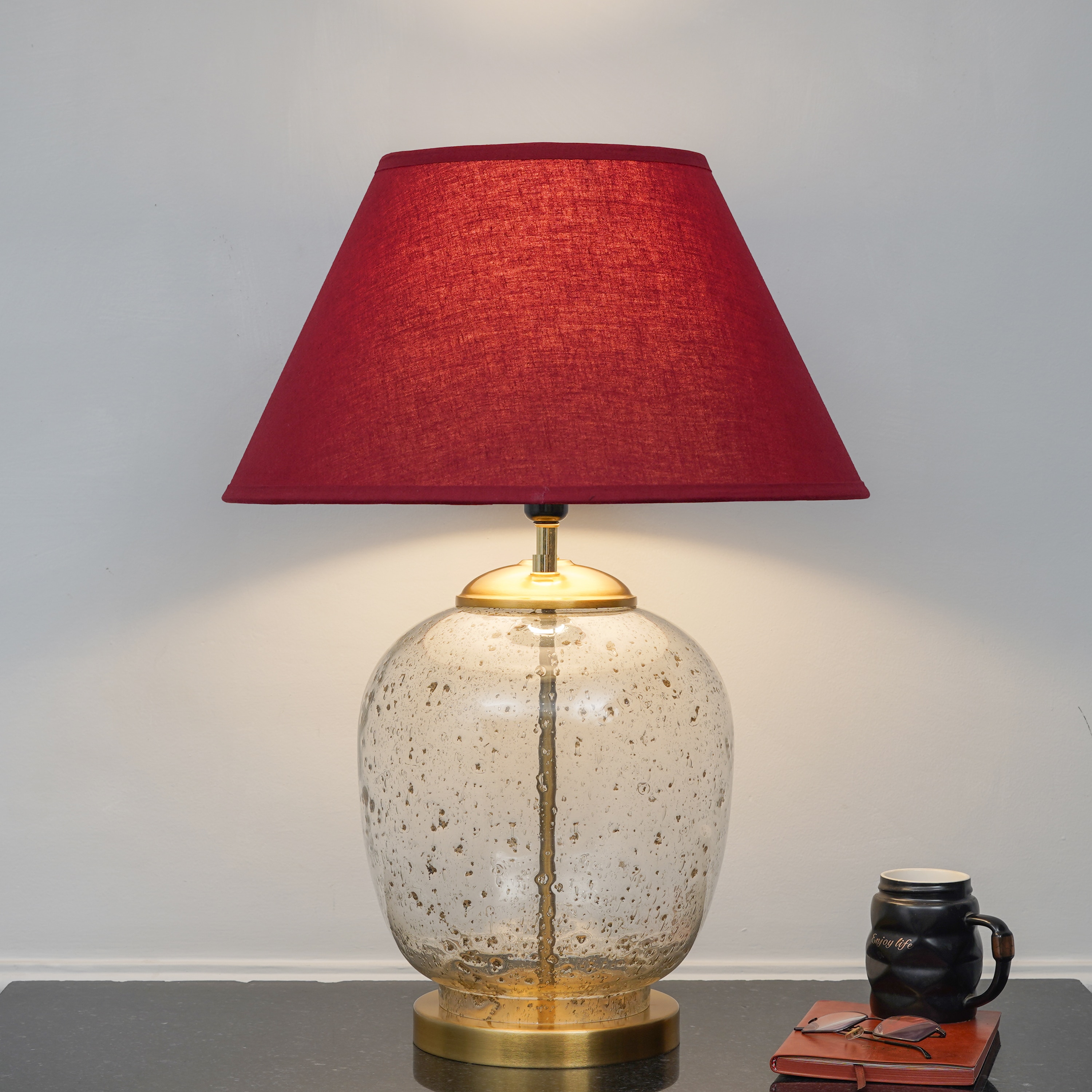 SECRET Water Droplets On Glass and Brass Finish Metal Large Table Lamp With Maroon Cotton Shade