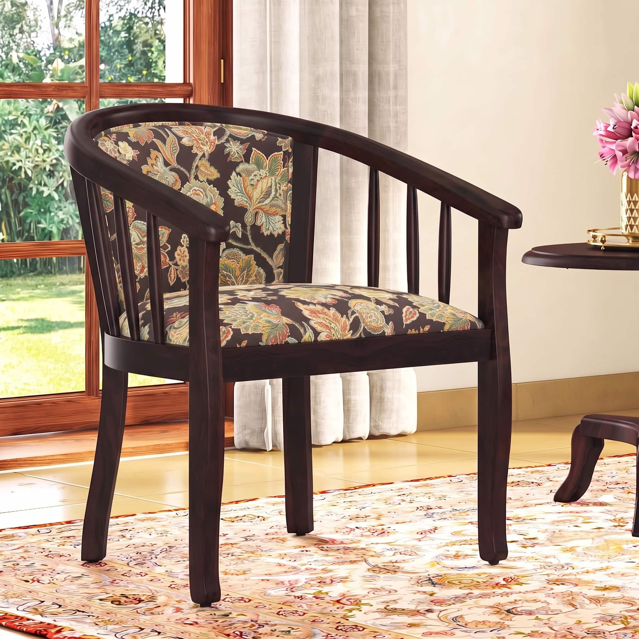 Bella Solid Wood Lounge Chair Finish Mahogany with Chintz Floral Colour
