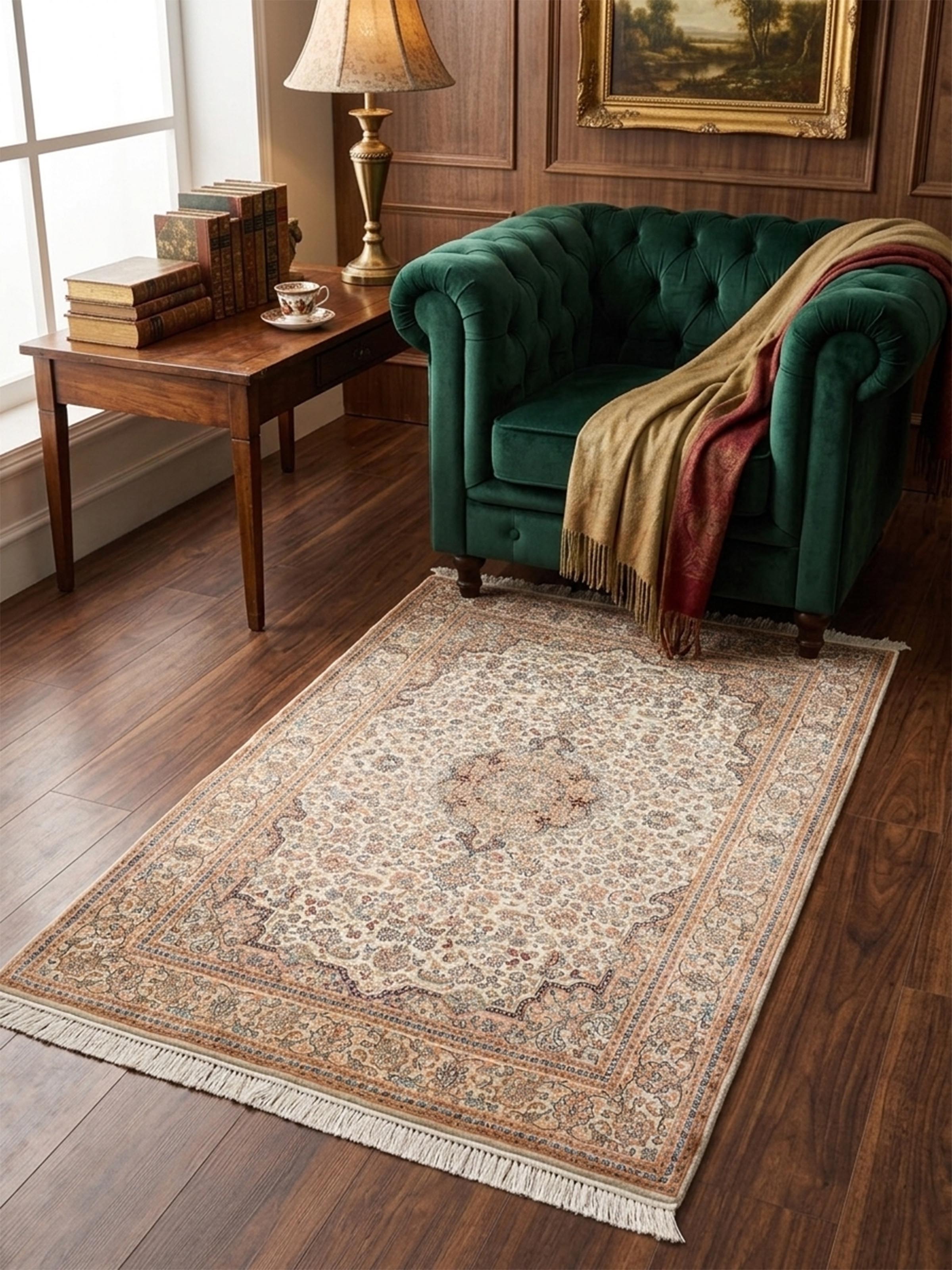 Traditional Persian Ivory Rust Kashan Kashmir Silk Hand-Knotted Carpet