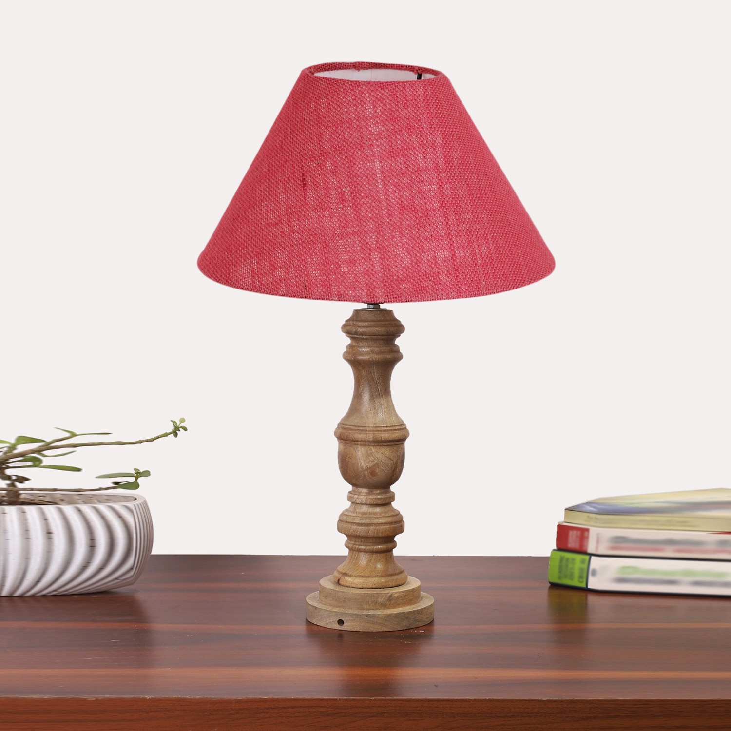 Devansh Pink Jute Table Lamp With  Wood Natural Base (10X18 Inches)-35 - Devansh