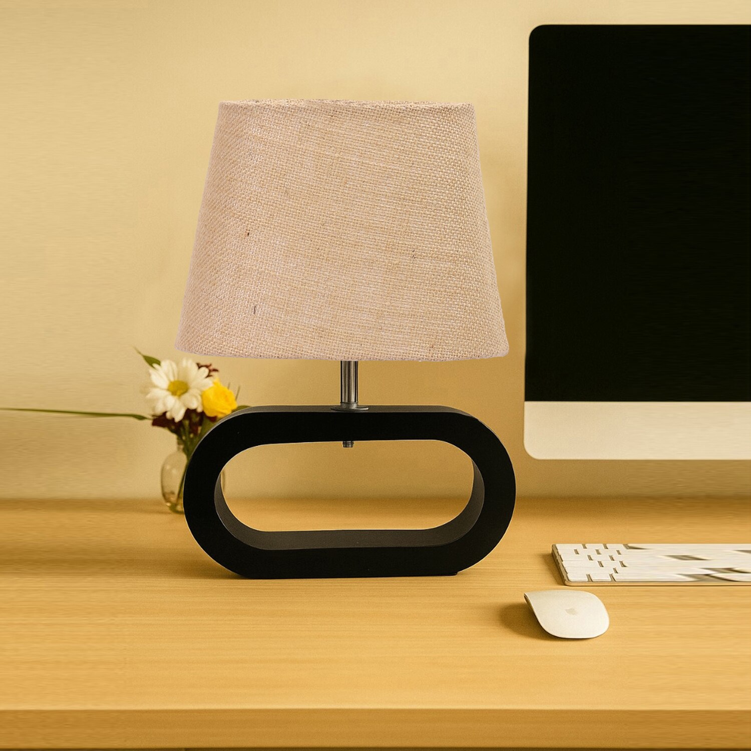 Devansh Beige Jute Table Lamp With Wood Black Base -9