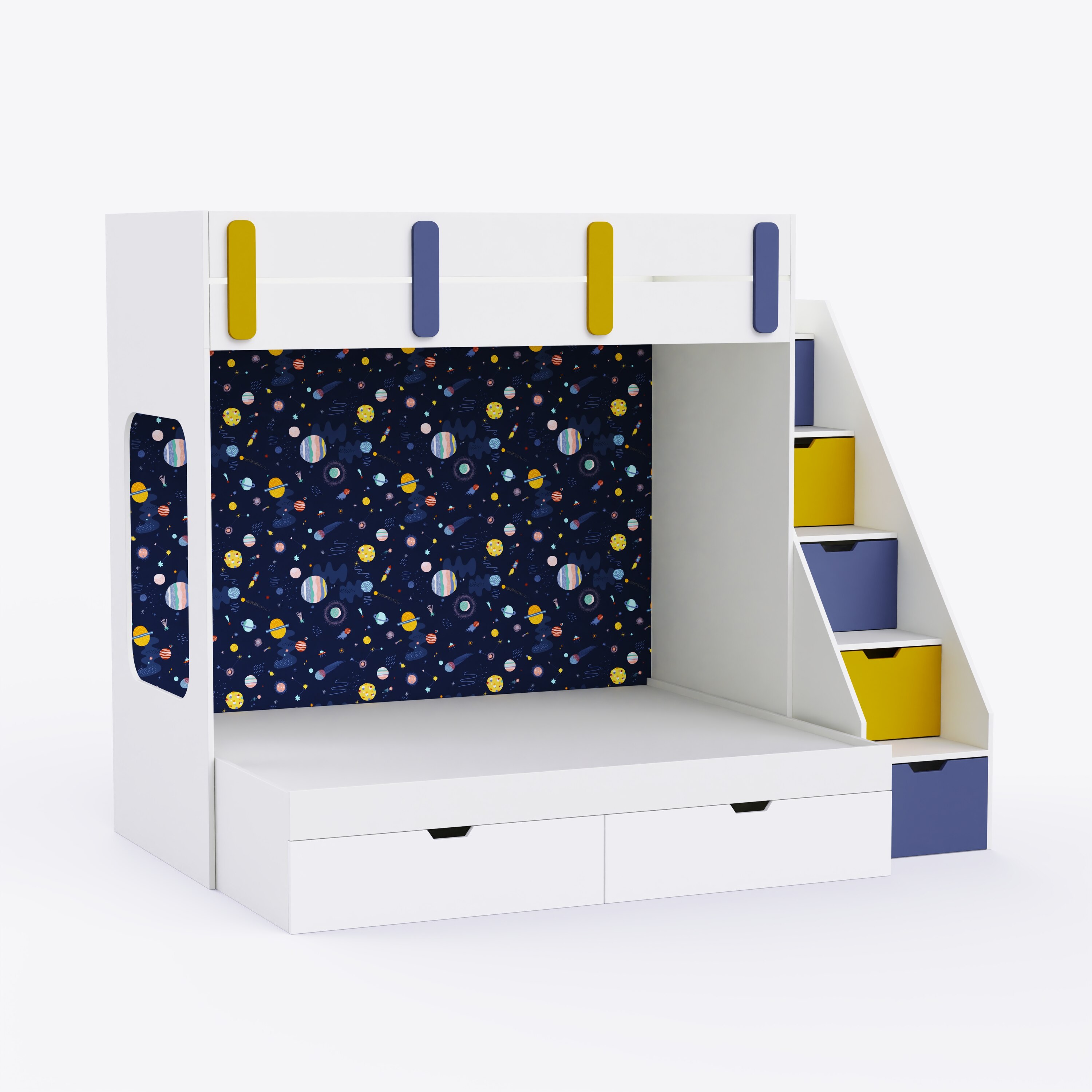 Pattern Dreams Bunk Bed  6X5 (Drawers On Wheels) In White & Blue Colour