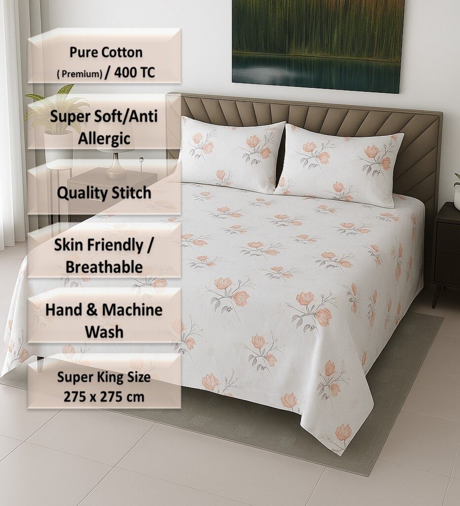 White Floral 400 TC Cotton Flat Super King Size Bedsheet With 2 Pilllow Covers From Threads