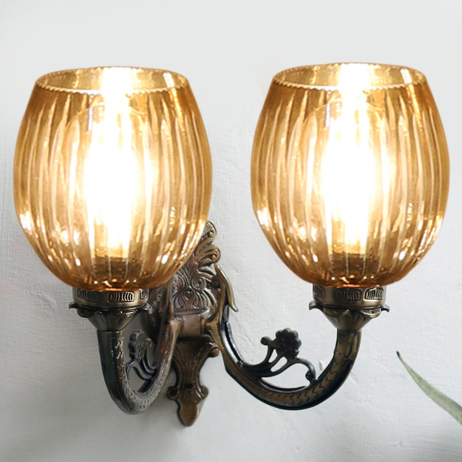 Devansh Metal Electric Wall Light in Antique gold Colour with Lavender Shade Count of 2 Lights - Devansh