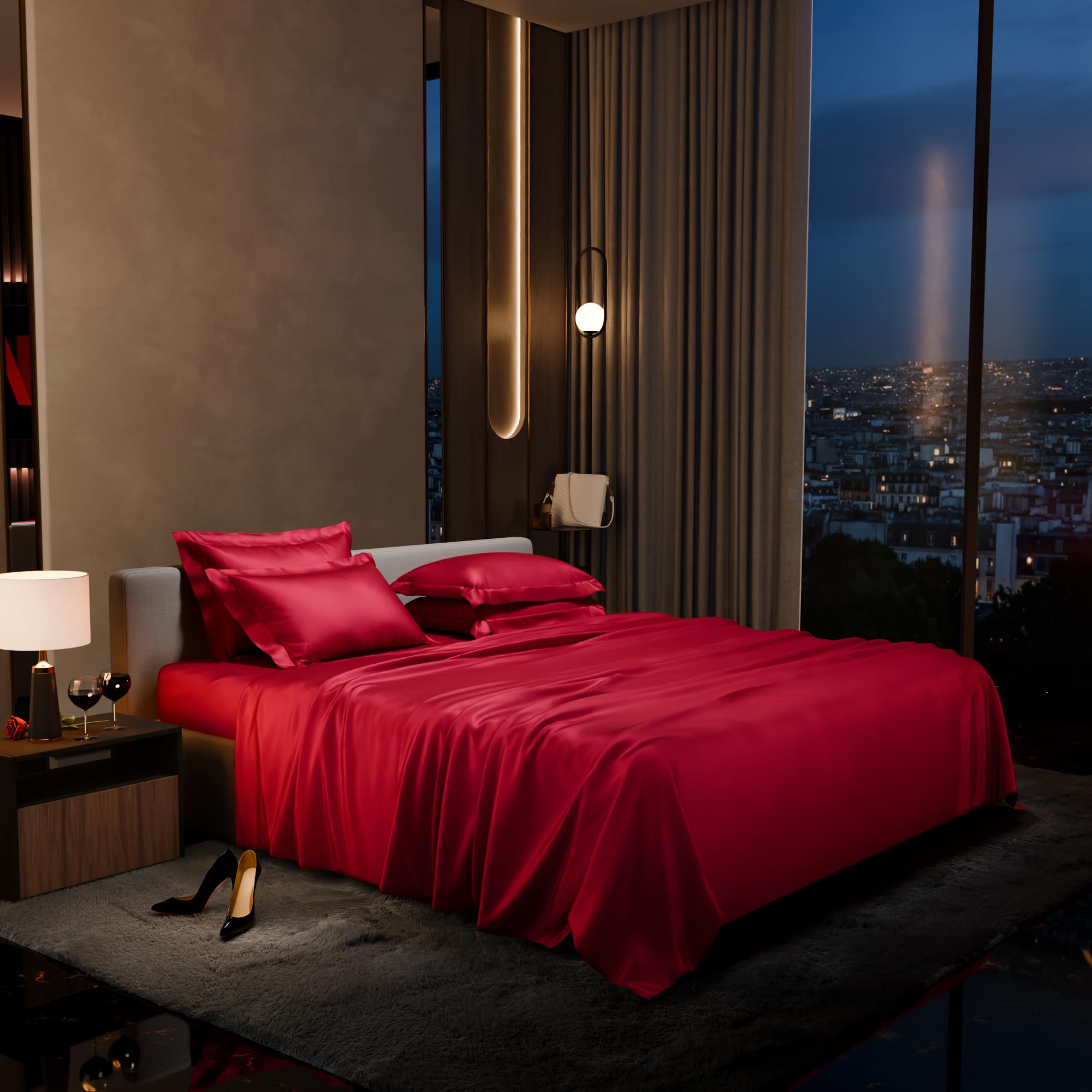Stoa Paris 300 TC Satin Bedsheet Super King Size Bed With Pillow Covers in Flirty Red - Stoa Paris
