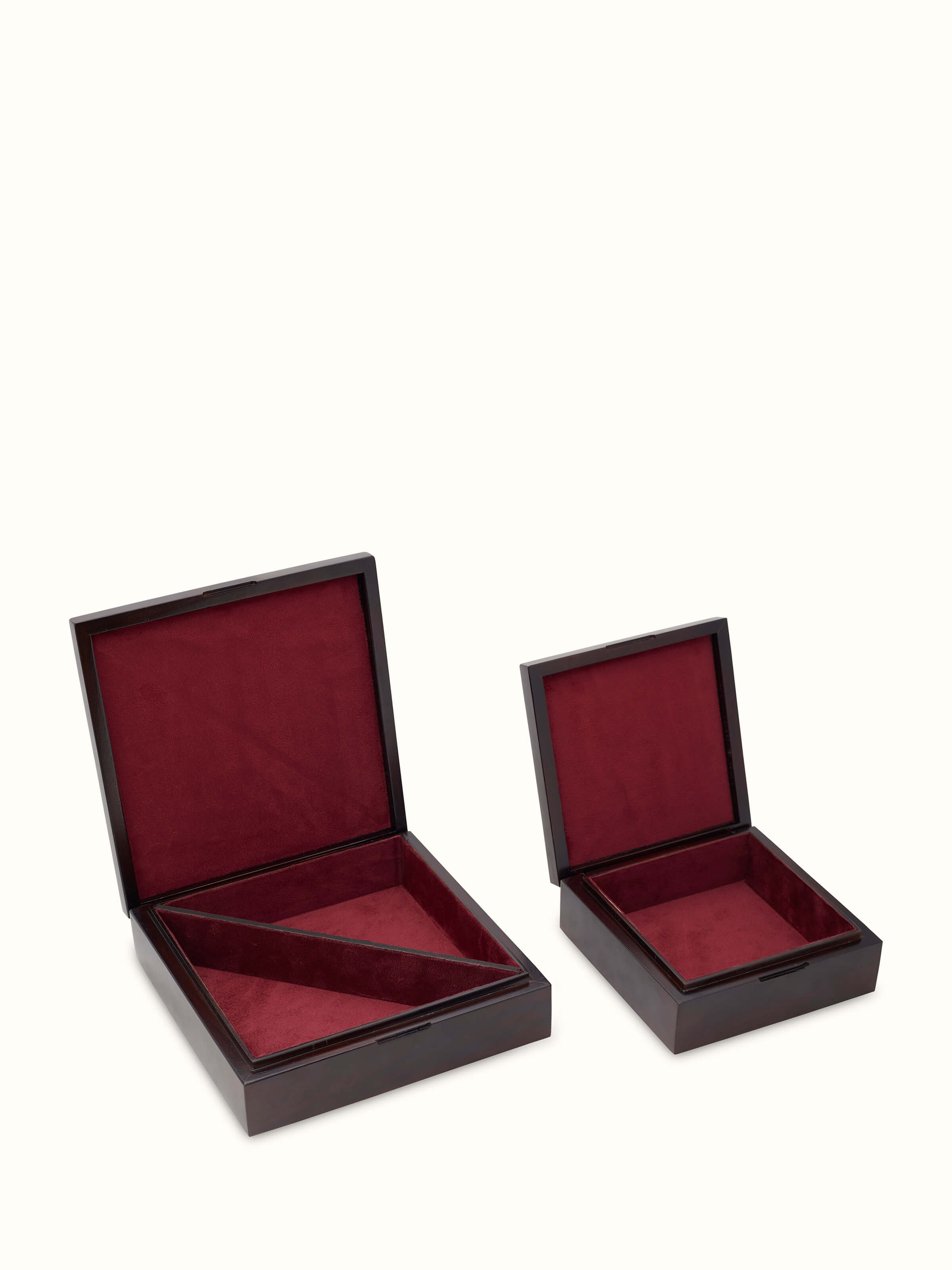 Side view of Tarkashi Sheesham Wood & Brass Trinket Boxes, highlighting the detailed brass work and wood finish