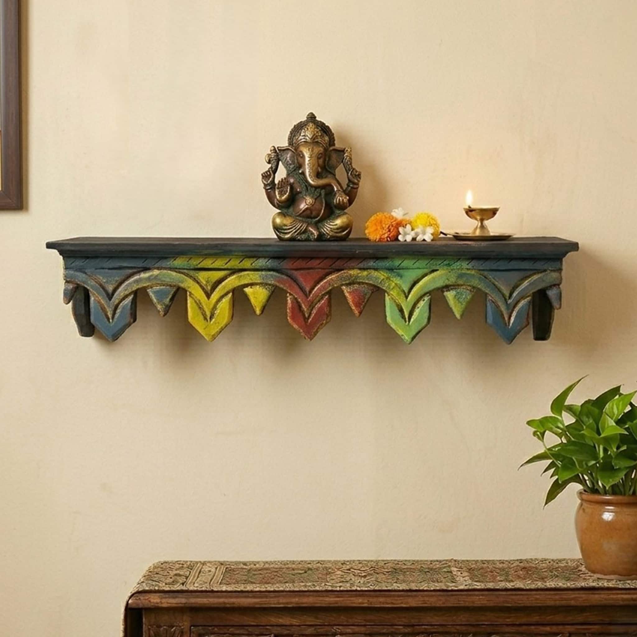Multishade Colour Solid Wood Handcarved Vistara Navaranga Floating Wall Shelf with distres finish by DisooFashions - Disoo Fashions
