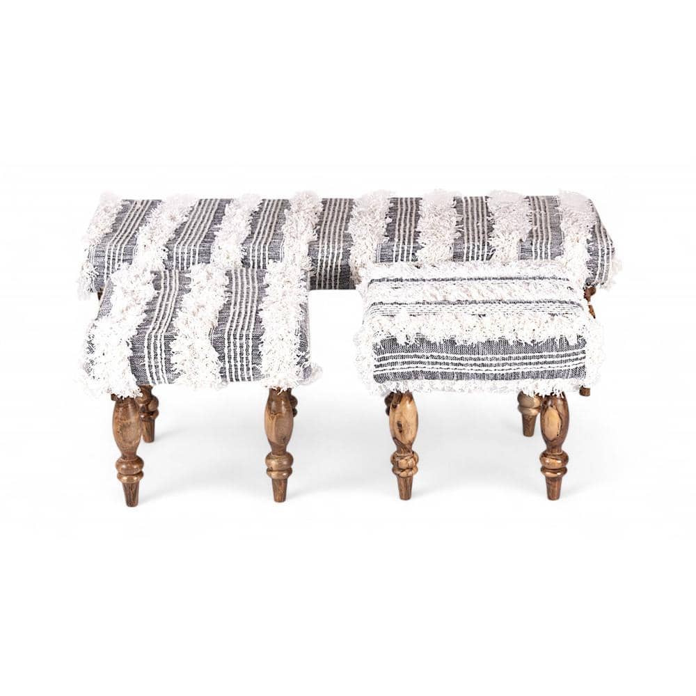 Cairo Sheesham Wood Accent Seater Bench Set With 2 Stools In Grey Fabric