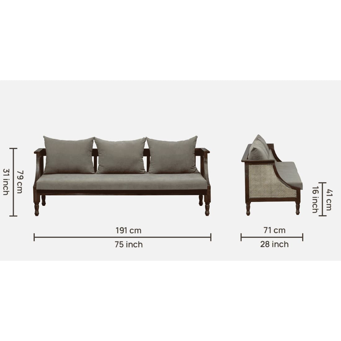 Colen 3 Seater Seater Wooden Sofa in Grey Fabric