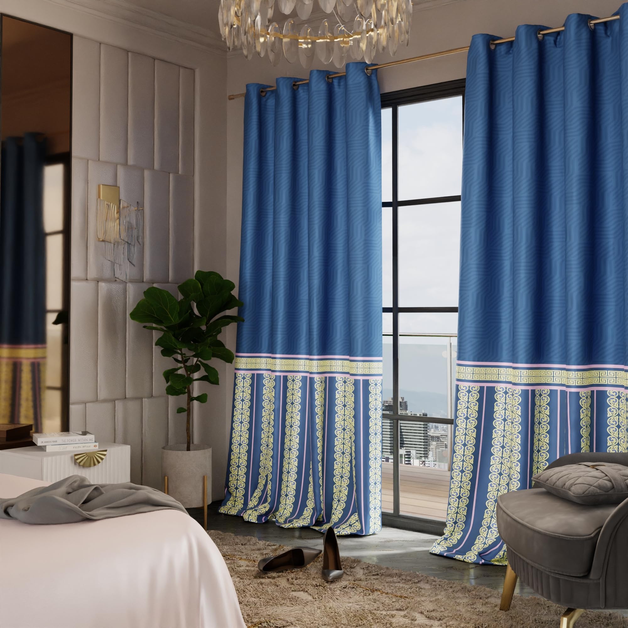 Stoa Paris Satin Long Door Curtain, 70% Blackout Curtains, Sun Protection, Set of 2, Versailles - Blue Monarch - Stoa Paris