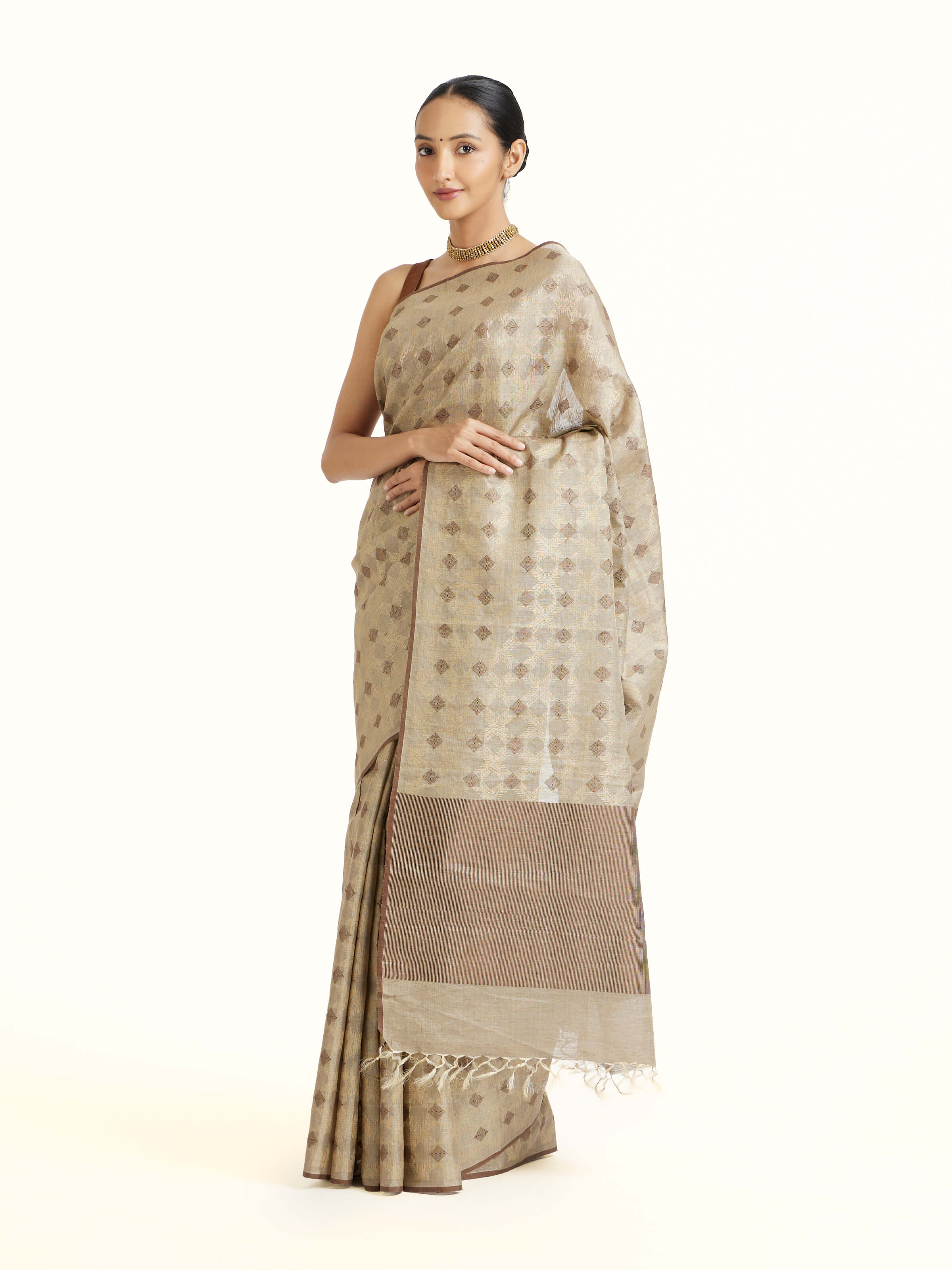Side view of the Beige Tussar Silk Saree