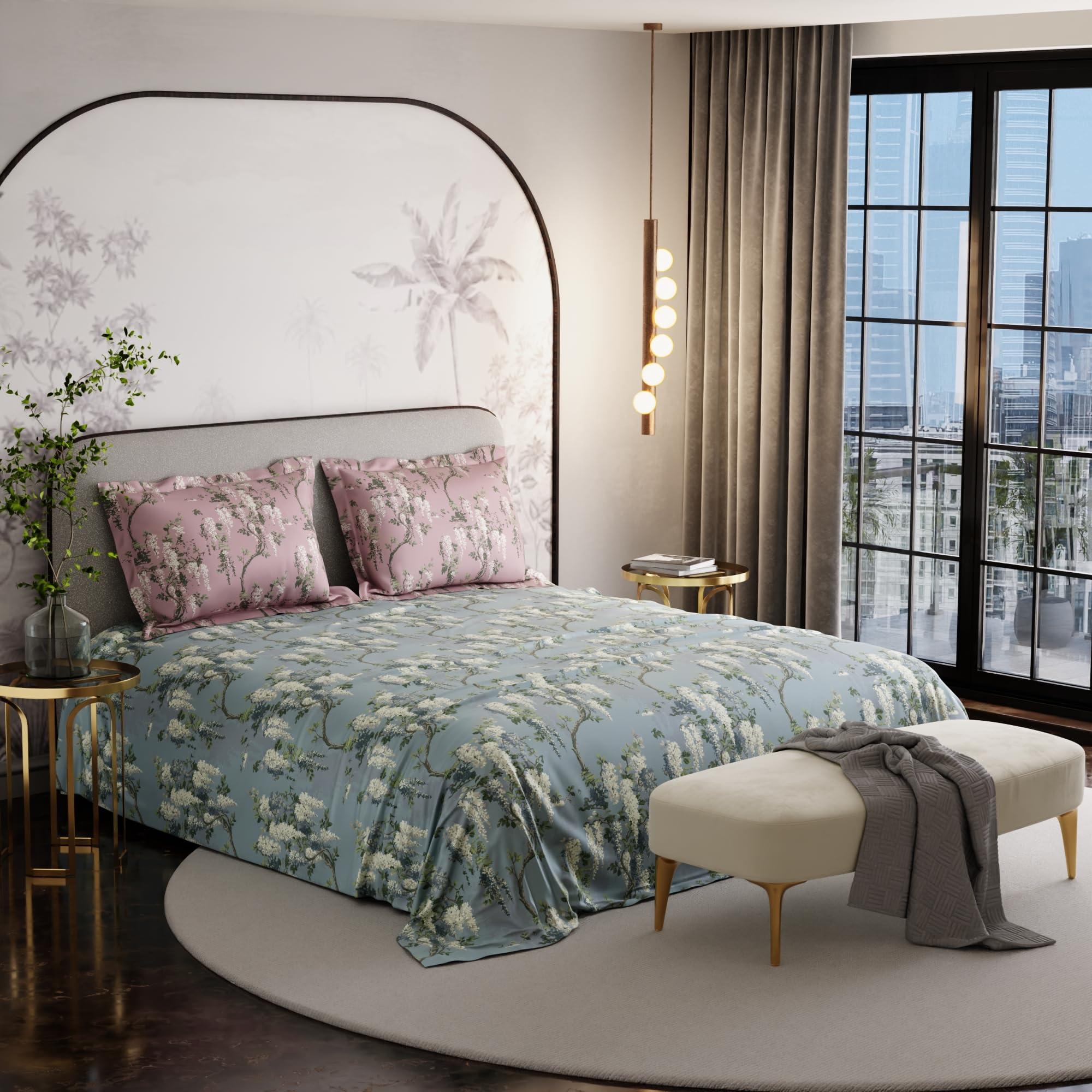 Stoa Paris Super King Size Cotton Bedsheet with 2 Pillow Covers  Size Wild Magnolia Blue - Stoa Paris