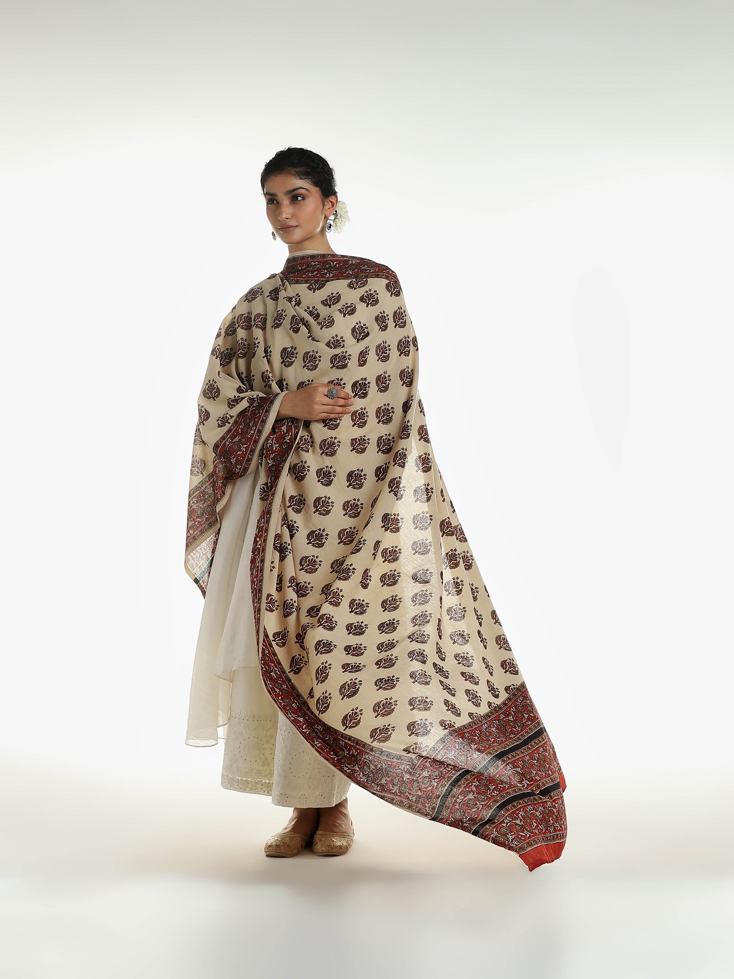 Beige Cotton Bagru Block Printed Dupatta