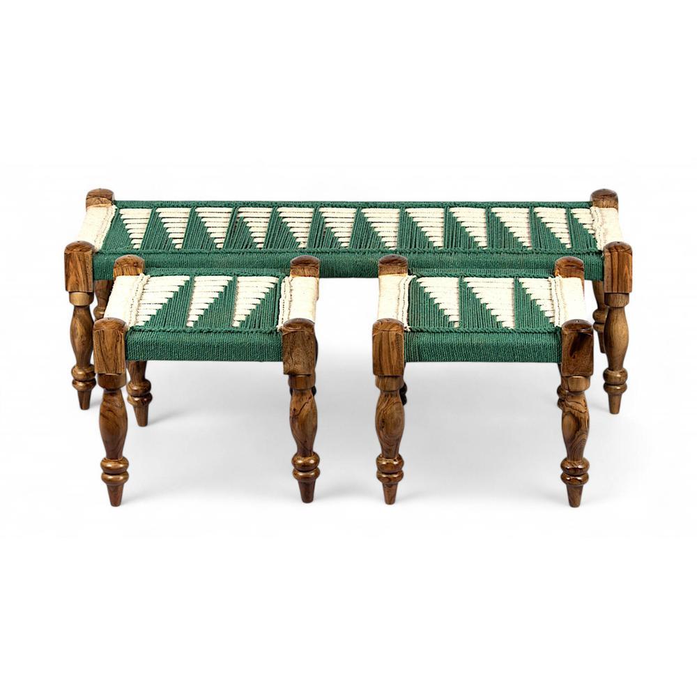 Hamilton Sheesham Wood Maachi Bench Set With 2 Stools In Green & White Rope Canning