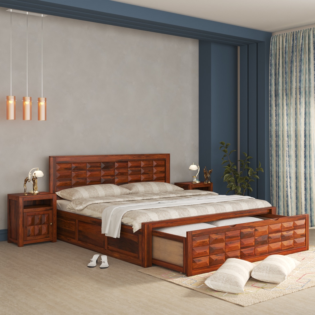 Shashi Solid Wood King Size Bed With Box & Front Drawer Storage Bed In Honey Oak Finish